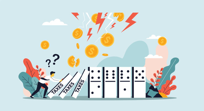 Businessman tries to stop a falling line of tax dominoes while coins and lightning bolts signify an economic crisis or bankruptcy.