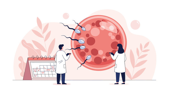 Medical researchers in lab coats examine a giant egg cell and swimming sperm to study human reproduction and fertility in a laboratory.