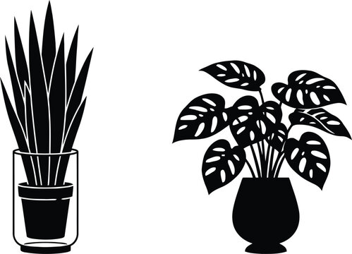 Potted plants silhouette icon, set of two houseplants in vases