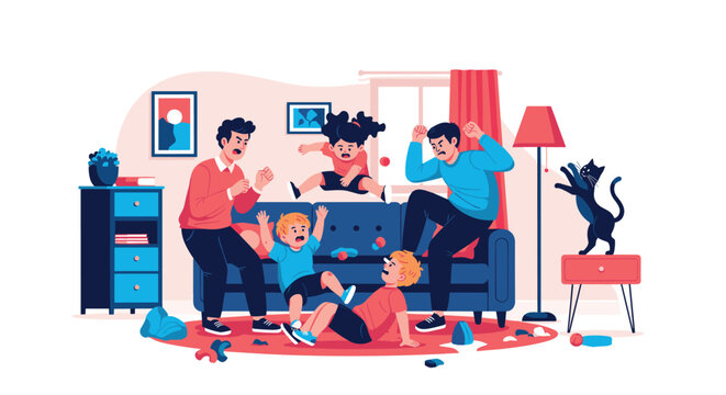 Angry parents and their three children scream and argue in a chaotic living room while a cat jumps on furniture.