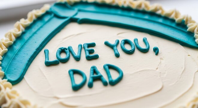 Close-up of a frosted white cake with blue 'Love You, Dad' lettering and decorative border