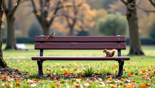 An empty park bench in a grassy area, with autumn leaves scattered around. A small bird is perched atop the bench
