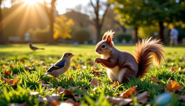 In the tranquil setting of a park, a brown squirrel stands on its hind legs, seemingly interacting with two birds perched nearby