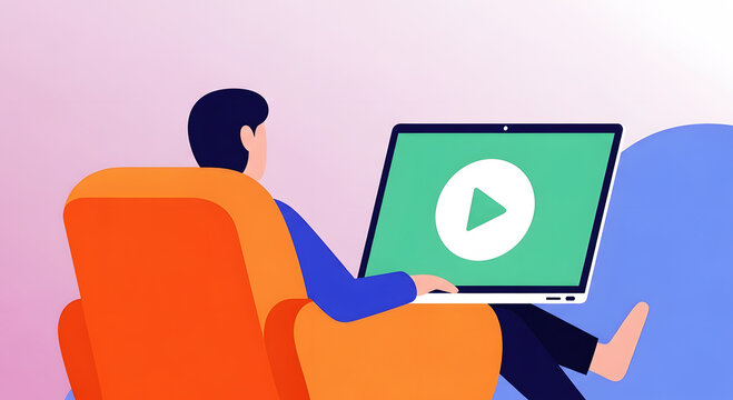 Person in orange chair watching laptop with green screen play button image