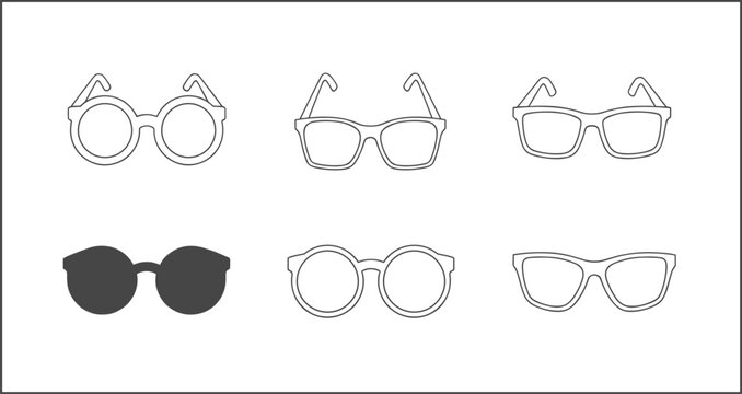 Eyeglasses outline vector set featuring different frames styles including round square cat eye and modern eyewear icons