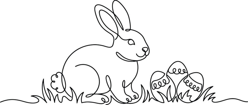 Continuous line drawing of Easter bunny with eggs