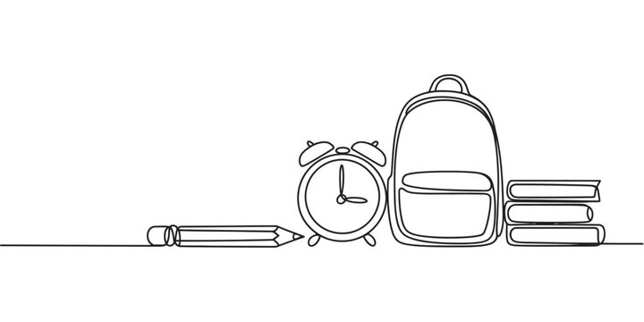 Continuous line school supplies illustration, pencil clock backpack and books in single stroke style, back to school concept, minimal clean vector design
