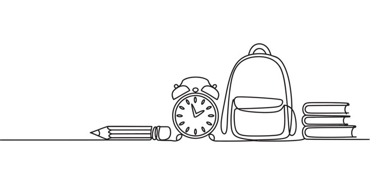 Continuous line school supplies illustration, pencil clock backpack and books in single stroke style, back to school concept, minimal clean vector design