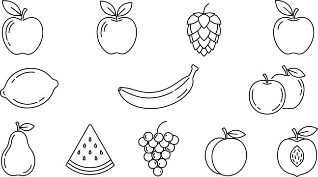 Fruit outline icons set featuring apple banana grapes lemon pear watermelon vector illustration collection