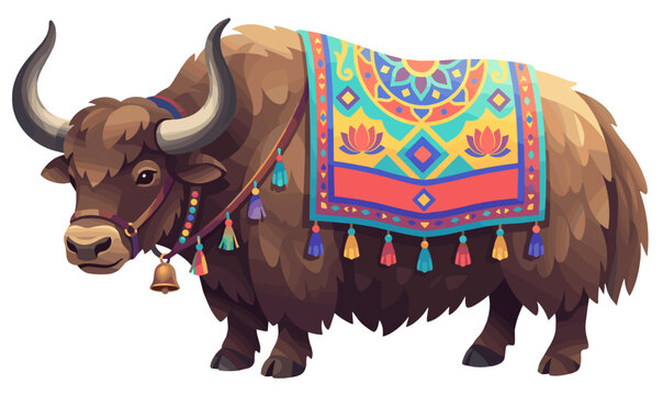 Decorated Tibetan Yak with Colorful Saddle Blanket and Tassels