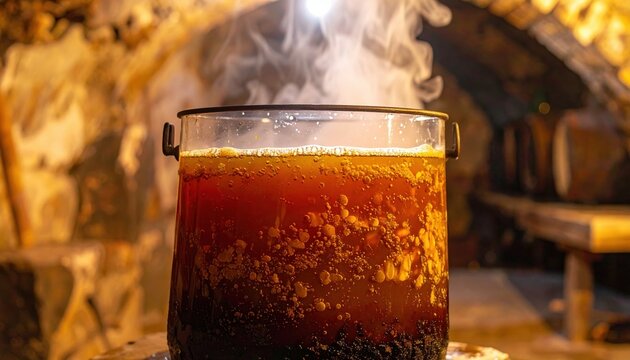 Amber fermented vegetable brine bubbling in a glass crock with rising steam, capturing the active process of natural probiotic preservation in a rustic kitchen setting.