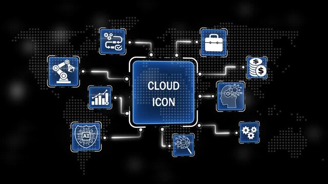 Cloud icon System Concept for Business Technology and Digital Information Network. Connected icons scanning concept on world background. 4k video