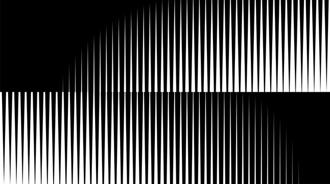 Halftone pattern with parallel vertical lines creating dynamic gradient transitions. Abstract stripe background featuring geometric black and white contrast effects.