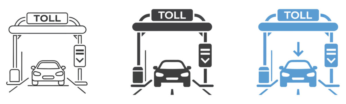 Toll booth and barrier icon collection, highway toll road symbols in simple modern vector design, transportation and road infrastructure set, isolated illustration.