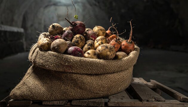 Fresh root vegetables with earthy soil clinging to skins piled in a rustic burlap sack on a wooden crate.