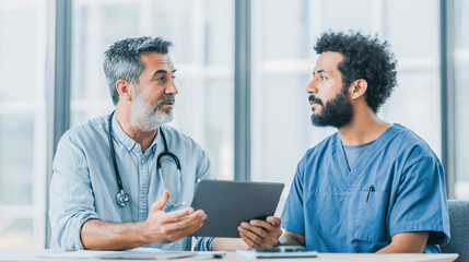 Obraz premium Two Male Medical Doctors in Lab Coats Discussing Healthcare Information on a Digital Tablet in a Bright Modern Hospital Office
