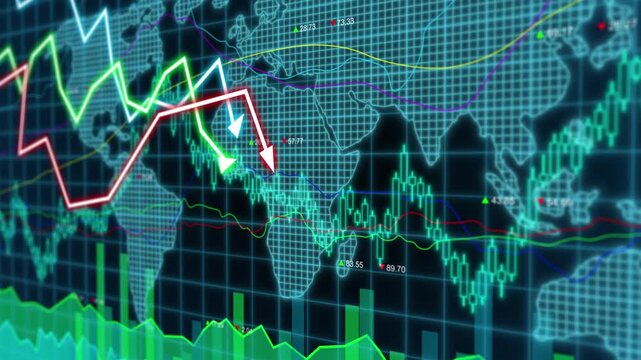 Arrows trending over world map showing global financial decline and increase, economic recession and expansion, market crisis and stability international investment loss chart with glowing