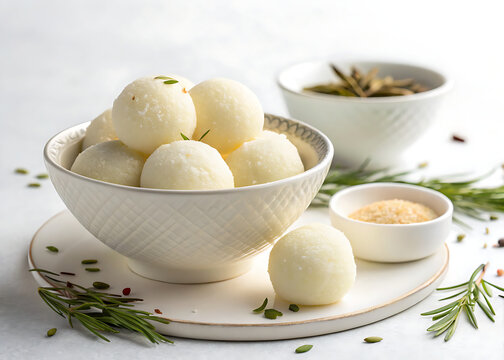 Rasgulla in bowl  minimal background  clean composition