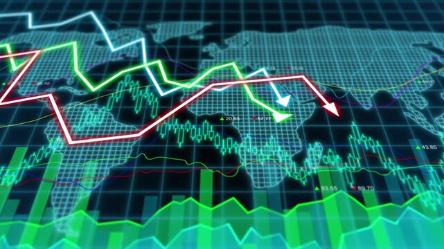 Arrows trending over world map showing global financial decline and increase, economic recession and expansion, market crisis and stability international investment loss chart with glowing