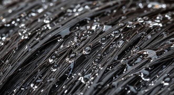 Wet black hair with water droplets.