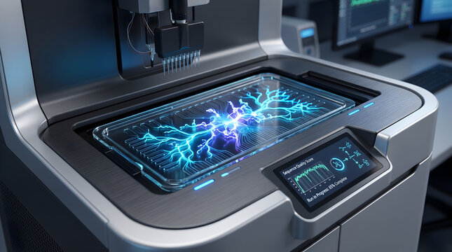 DNA Sequencer Detail: Close-up of a modern DNA sequencing machine showing a tray of glowing peptide chains and protein networks. High-tech "Electric Bioluminescence" .