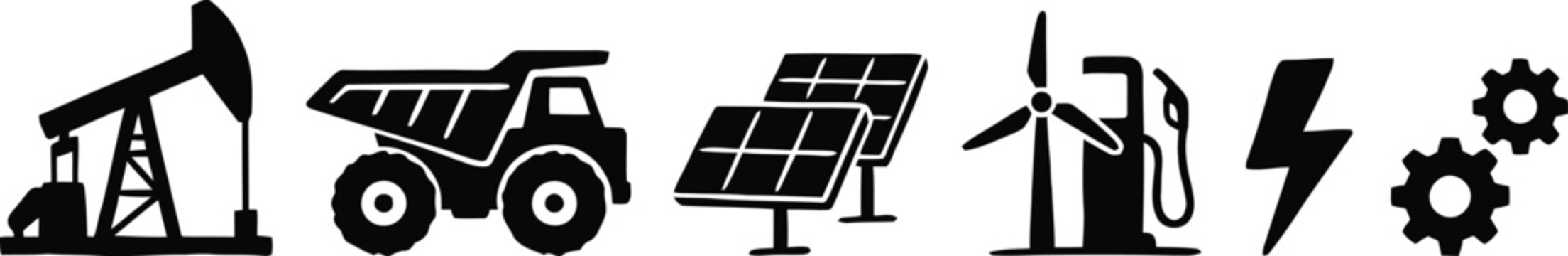 Industrial and energy icon set silhouette, hand-drawn renewable energy symbols