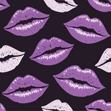 Abstract illustration of purple lips pattern on dark background design element