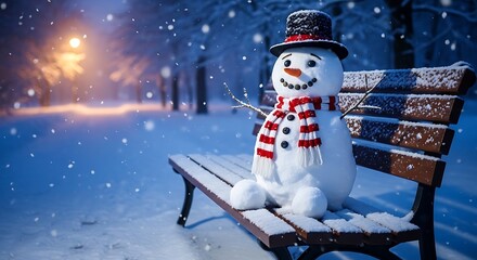 Fototapeta premium A snowman wearing a hat and scarf sits on a snowy bench at night.