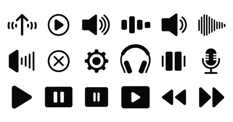 Various media player and audio control icons with playback symbols and sound elements vector illustration, modern  icon set featuring play pause stop forward rewind and volume controls for music and © Mizu Ahmed 2