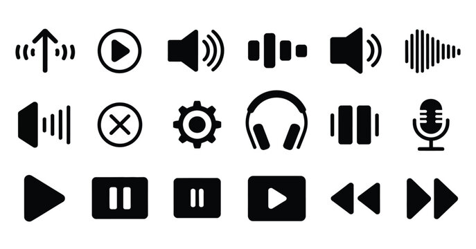 Various media player and audio control icons with playback symbols and sound elements vector illustration, modern  icon set featuring play pause stop forward rewind and volume controls for music and