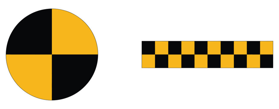Crash test warning icon collection, automotive safety symbols with crash test dummy and checkered hazard pattern, clean vector illustration, industrial safety design elements.