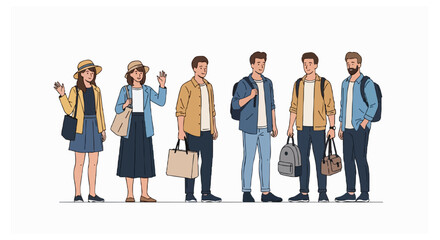 Obraz premium A diverse group of six people standing in a row wearing casual clothes and carrying various travel bags and backpacks on a plain background.