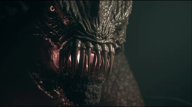 Close-up of a terrifying creature with sharp teeth and glowing red eyes in a dark, eerie setting