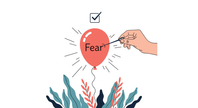 Human hand using a needle to pop a red balloon with the word Fear written on it as a symbol of overcoming phobia.