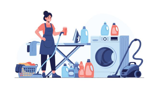 Professional housekeeper or homemaker stands among various laundry and cleaning appliances including a washer and vacuum.