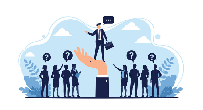 Expert businessman stands on a large supportive hand to give guidance and answer questions for a diverse group.