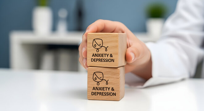 Hand holding wooden blocks with anxiety depression text in office setting