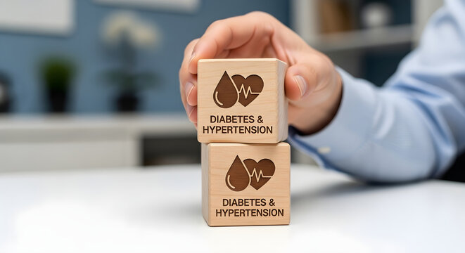 Hand holding wooden blocks with diabetes hypertension text and health icons