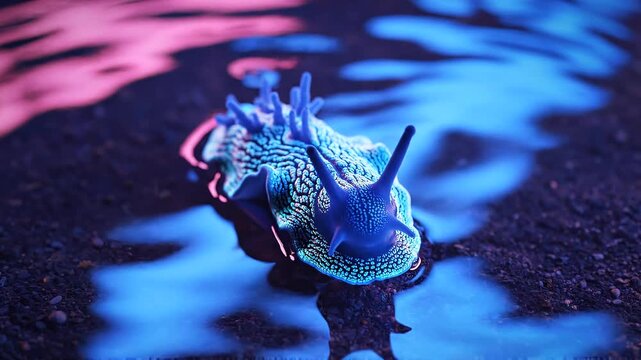 Glowing Blue Glaucus Atlanticus Sea Slug Crawling on Wet Sand Surface