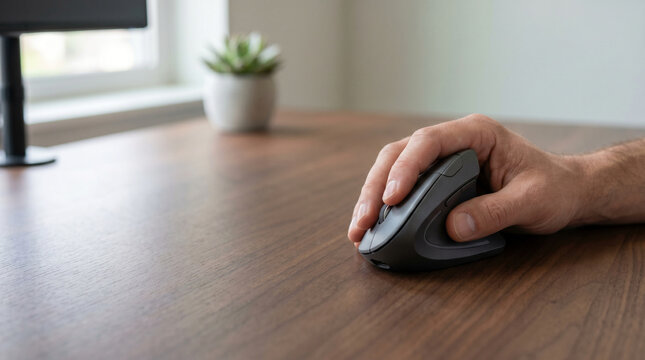 Close up of professional hand using vertical ergonomic mouse on wooden desk in modern office