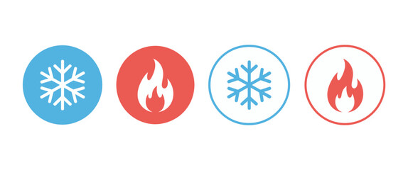 Hot and cold icon vector set featuring fire and snowflake symbols for heating and cooling temperature control button and interface design © Well Done