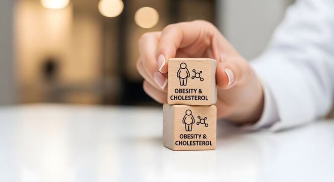 Healthcare professional holding wooden blocks with obesity cholesterol icons for awareness