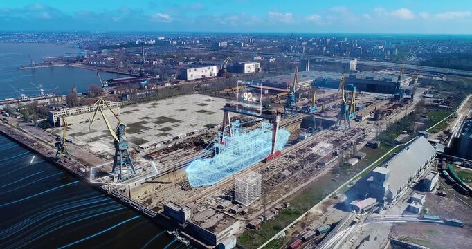 Future of metalworking plant and shipyard. Industry 4.0 and Smart Manufacturing. Construction and repair of cargo ships in the dry dock of a shipyard. 