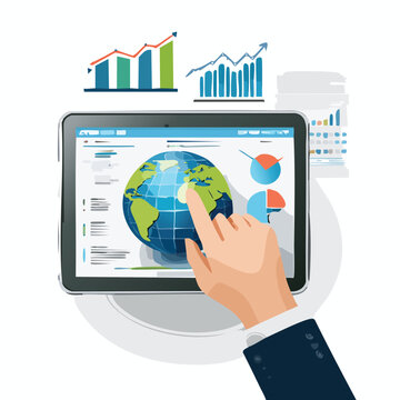 Tablet showcasing global data analytics with charts and hand interaction