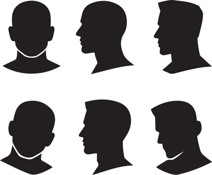 Set of male head silhouettes with various hairstyles and profile views for a barber shop or grooming design
