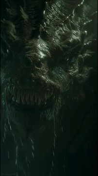 Close-up of a terrifying, dark creature with sharp teeth and a menacing expression, evoking a sense of dread and mystery