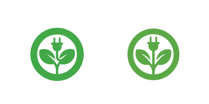 Green Eco Energy Logo Icon Set with Power Plug and Leaves for Sustainable Technology and Renewable Electricity Concepts