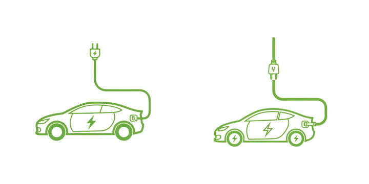Green Electric Vehicle Icon Set with Charging Cable and Power Plug for Sustainable Transportation and Clean Energy Concepts