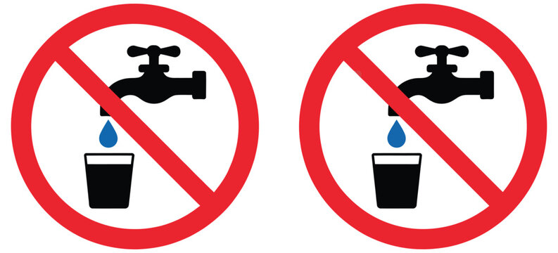 Non-potable water warning icon collection, no drinking water prohibition signs in black and red style, hazardous liquid restriction and safety caution symbols, clean modern vector set.