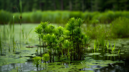 Obraz premium Cluster of Vibrant Green Aquatic Plants in a Calm Pond with Duckweed